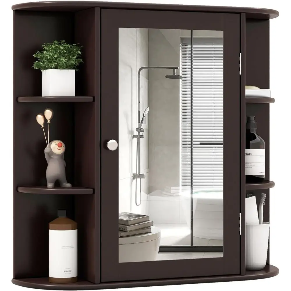

Mirrored Wall-Mounted Medicine Cabinet with 6 Shelves, Ideal for Bathroom or Living Room (Brown)