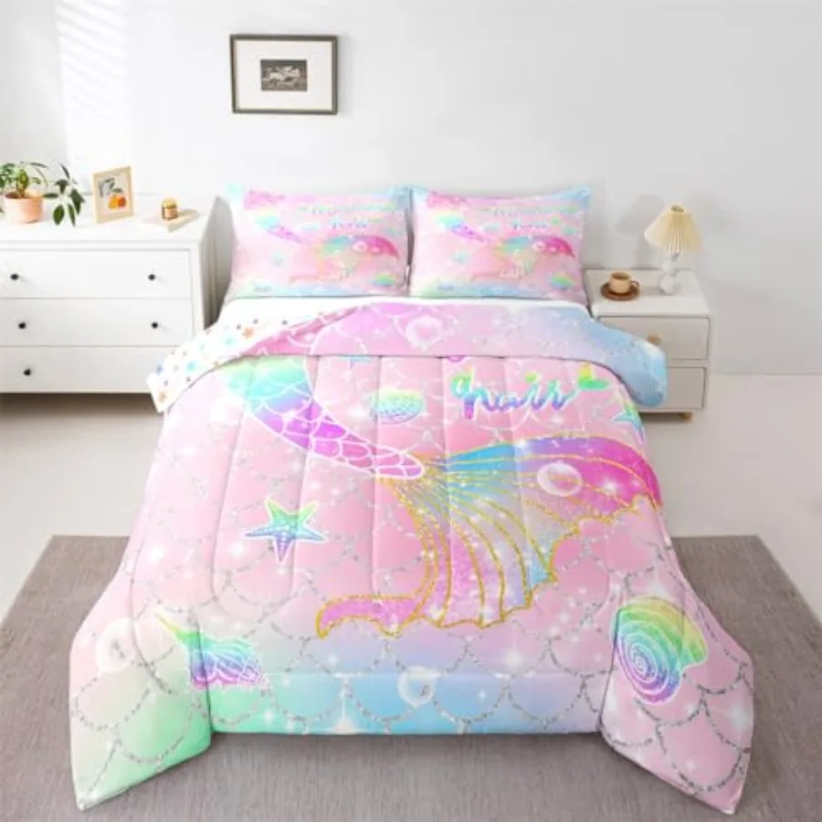 Comforter Set Size for Girls Rainbow Tail Printed Bedding Set Cute Reversible Stars Quilt Bed Set Sparkle Fish Scale Bedroom Gl