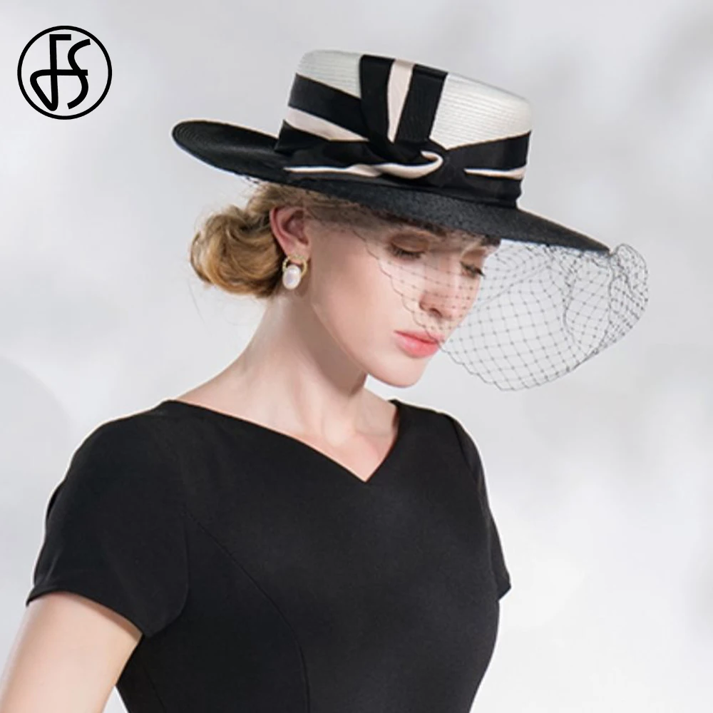 FS Formal Occasion Hats For Women With Veil Elegant Church Sun Visor Cap Ladies Black White Patchwork Fedoras Luxury Female 2024