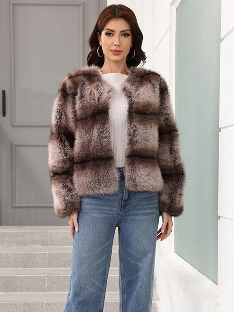 ZADORIN New Autumn Winter Faux Fox Fur Coat Woman Clothing Elegant O Neck Long Sleeve Stripes Faux Fur Jackets for Woman Fur Top