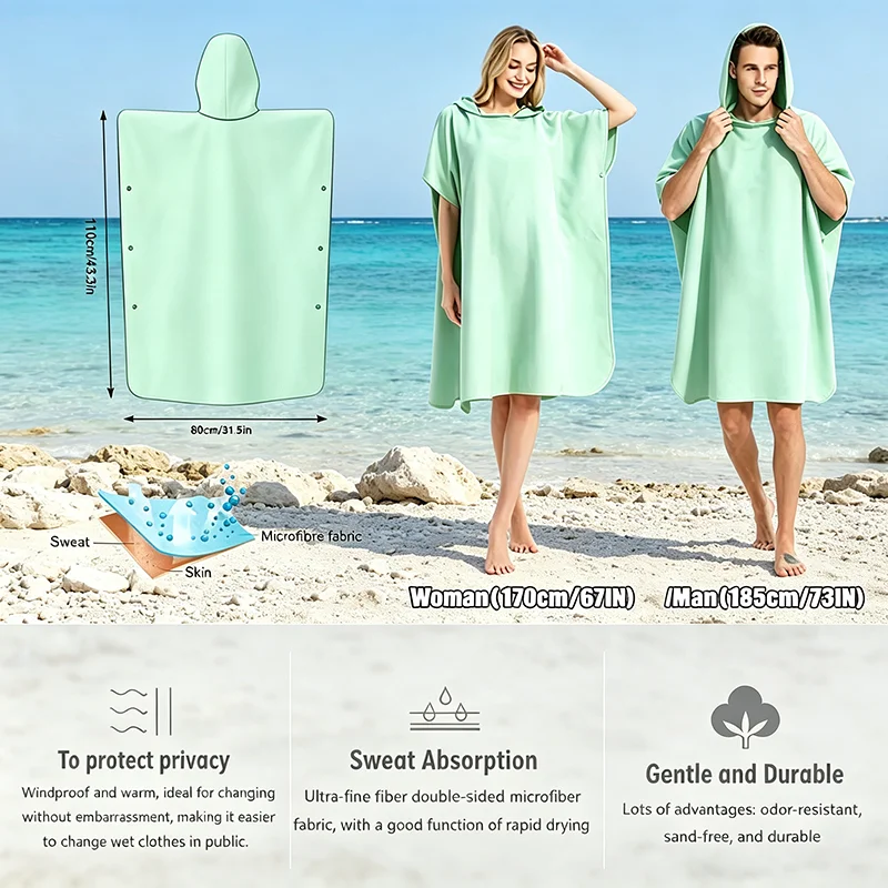 Microfiber Hooded Towel Poncho Quick Dry Absorbent Sand Free Soft Lightweight Beach Surf Swim Pool Travel Outdoor Durable - view 6