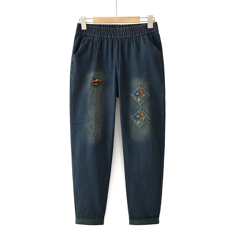 

Women's Denim Ankle-Length Harem Pants, Loose Stretched Jeans, Floral Embroidered Applique, Plus Size, Autumn, New, Q3306