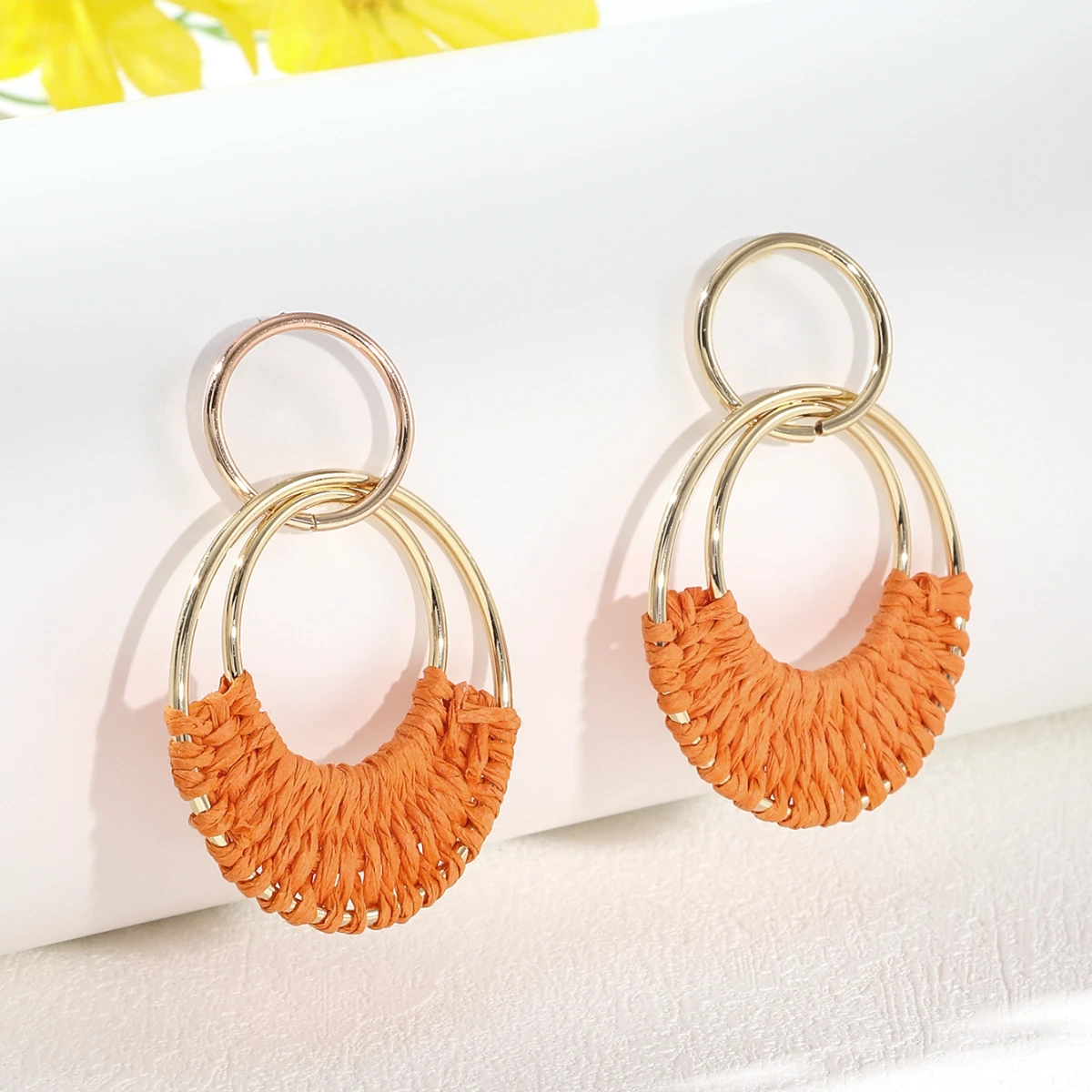 Boho Handmade Geometric Circle Raffia Drop Hoop Earrings for Women Colorful Round Rattan Dangle Earring Beach Summer Ear Jewelry