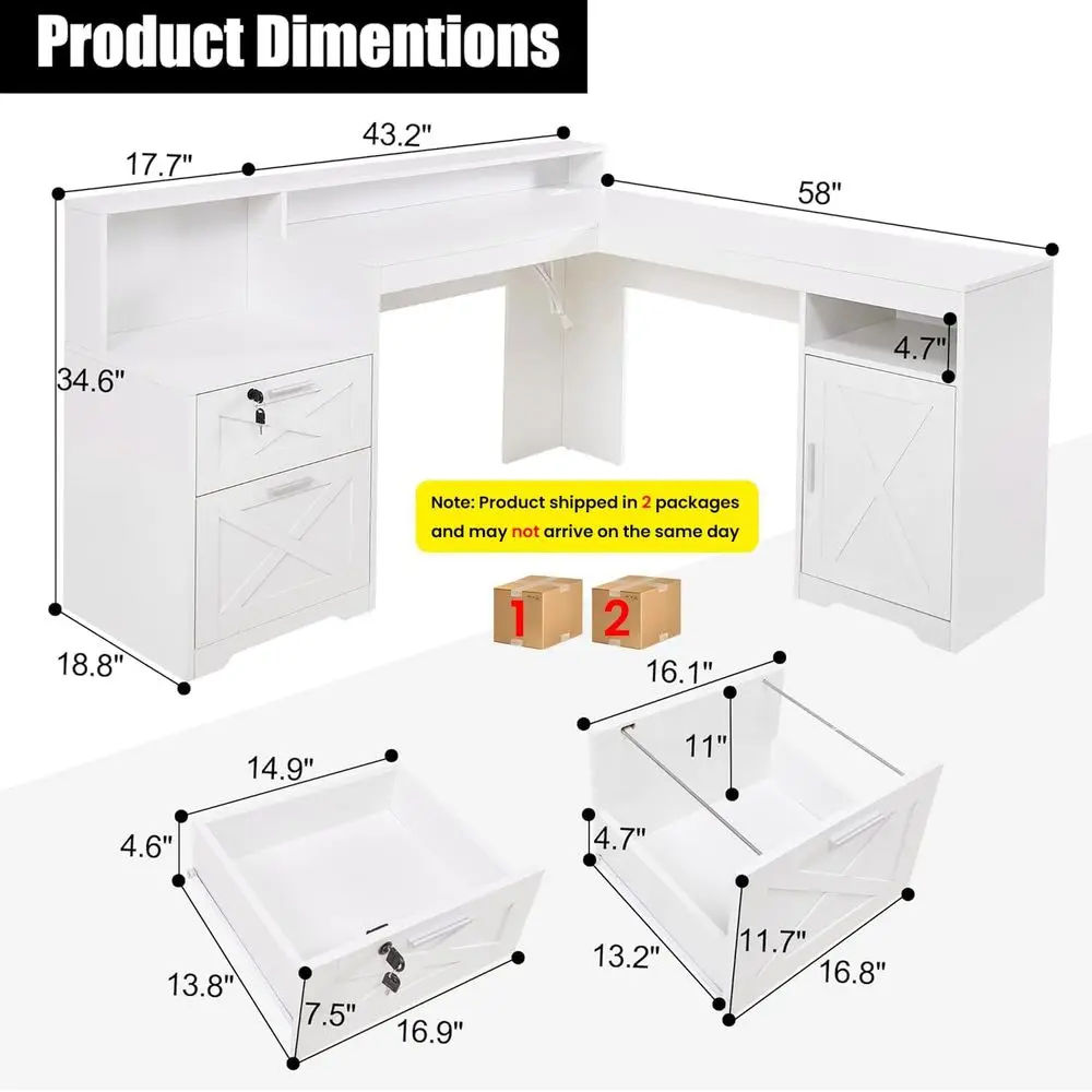 60 White L-Shaped Office Desk with Printer Area, Power Outlets, Lockable Drawers, and Adjustable Monitor Stand
