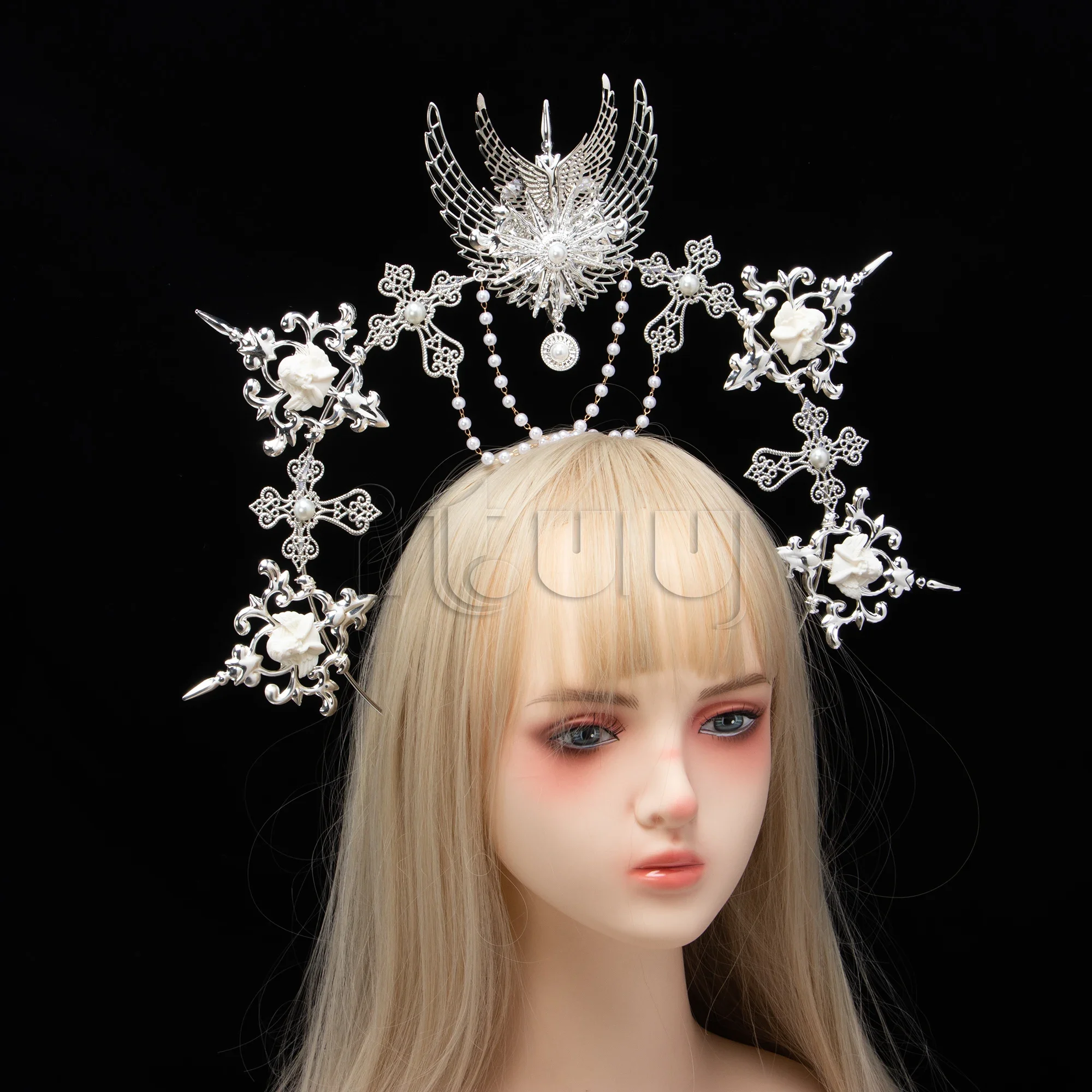 Silver Gothic KC Halo Crown Headpiece Lolita Sun Goddess Queen Baroque Tiara Halloween Headband Hair Accessories