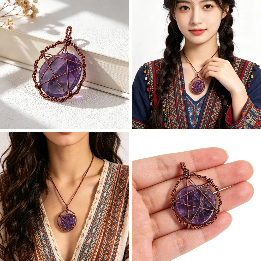 Handmade Metal Wrapped Natural Amethyst Pentagram Pendant for Boho Style Necklace Jewelry