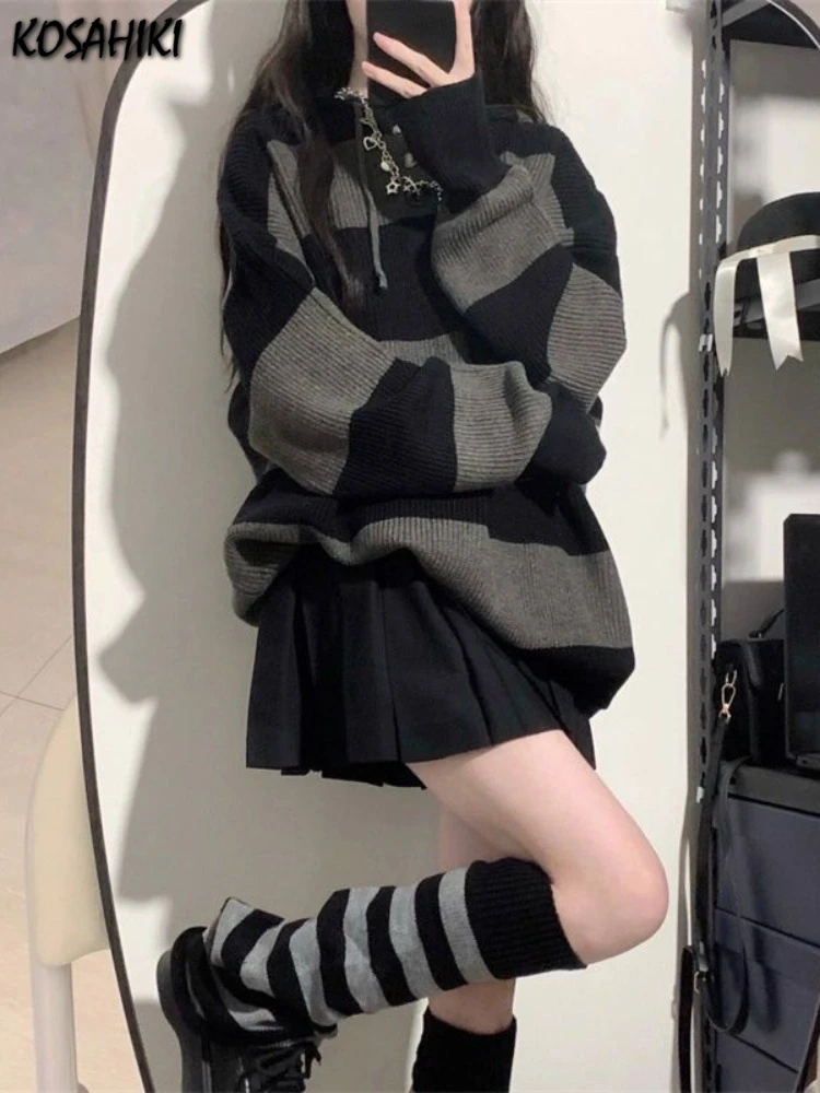 2024 Vintage Autumn Fashion Black Striped Pullovers Women Knitted Oversized Hooded Sweaters Y2k Aesthetic Loose Grunge Jumpers
