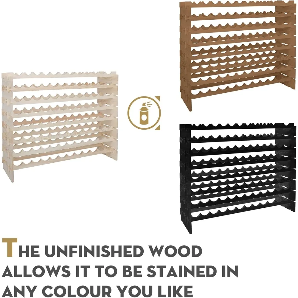 96 Bottles Stackable Modular Wine Rack, 8-Tier Wooden Wine Storage Rack Freestanding Wine Holder Display Shelves, Wobble