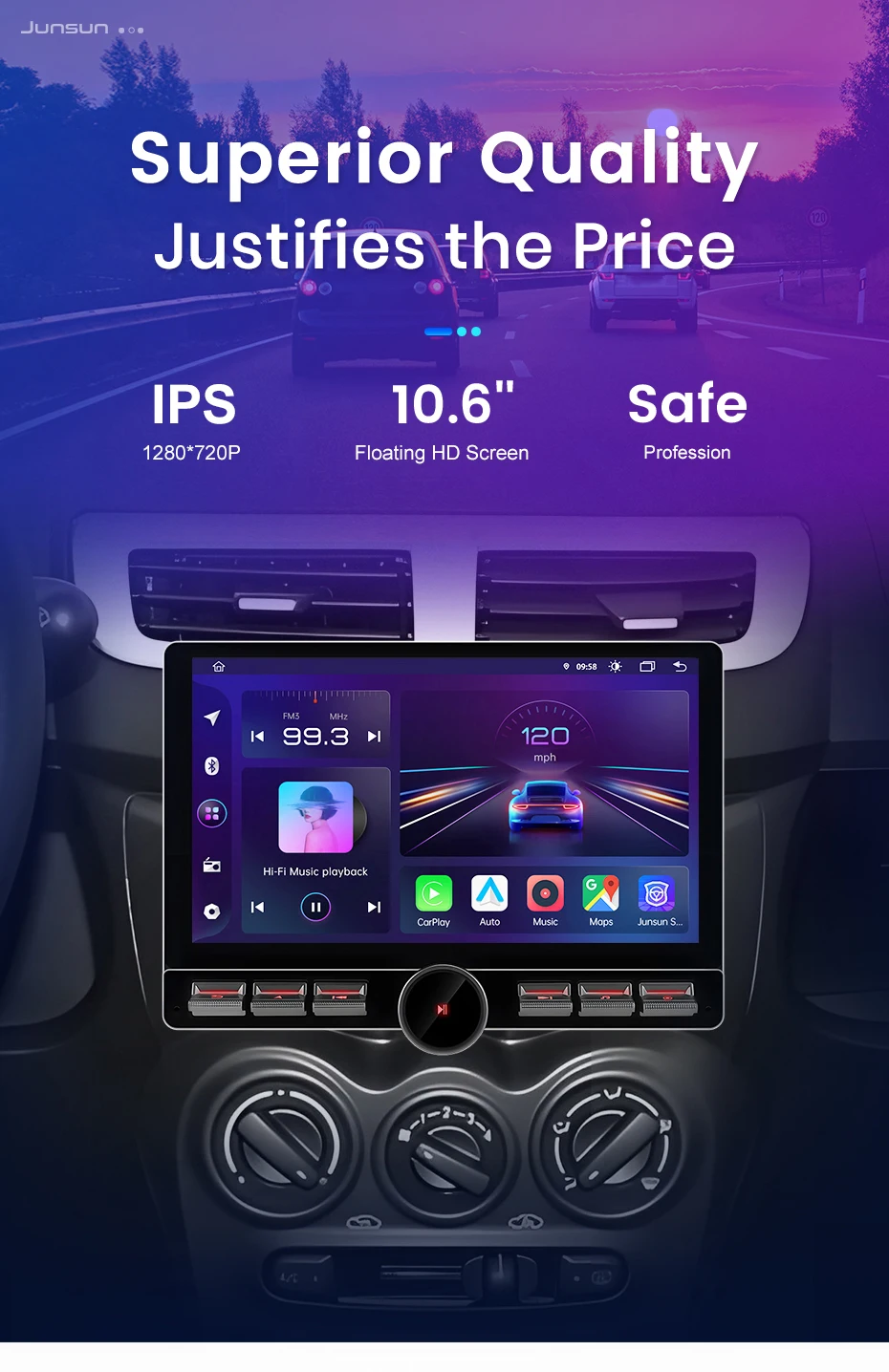 Junsun 10,1" Android Universal Single 1 Din Drehbares Autoradio 4GB+64GB Wireless Carplay Auto-Stereo Intelligentes System – Detail 1