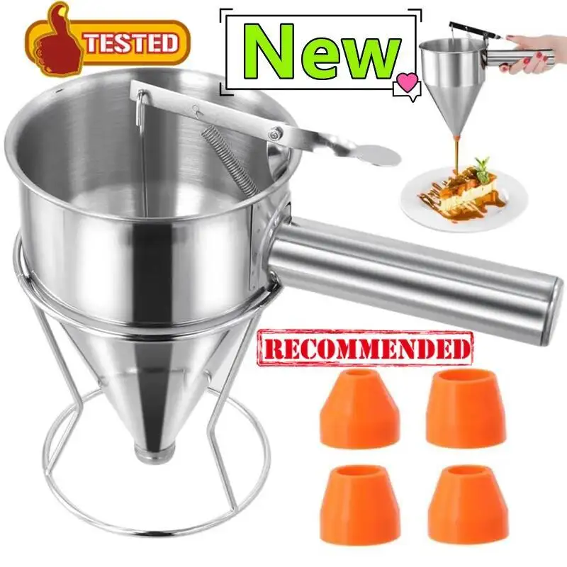 

1200/600Ml Stainless Steel Funnel Dispenser With Rack Cupcake Pancake Batter Maker Octopus Fish Ball Home Kitchen Baking Tools