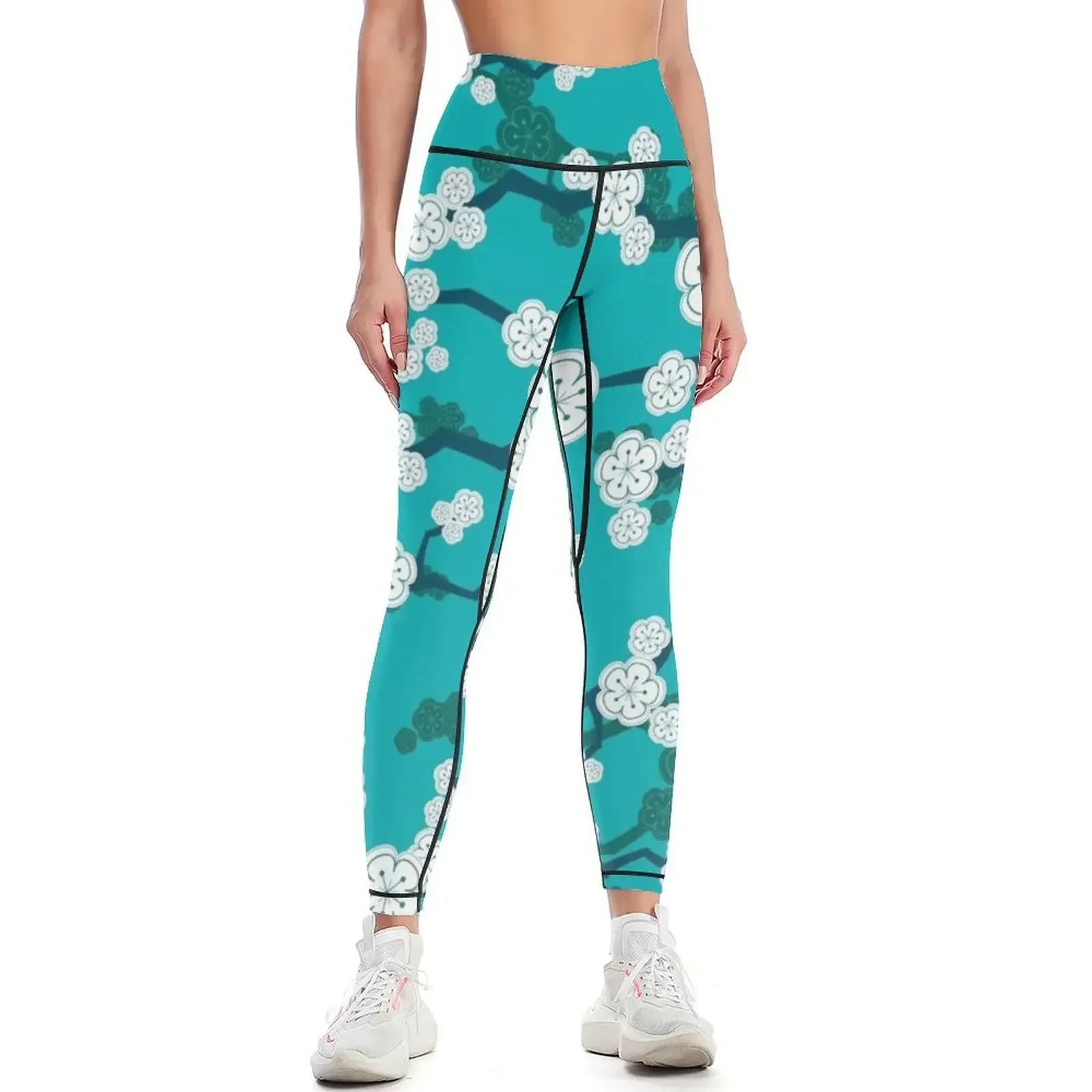 White Oriental Cherry Blossoms On Turquoise Blue | Zen Japanese Sakura Flowers ? fatfatin Leggings
