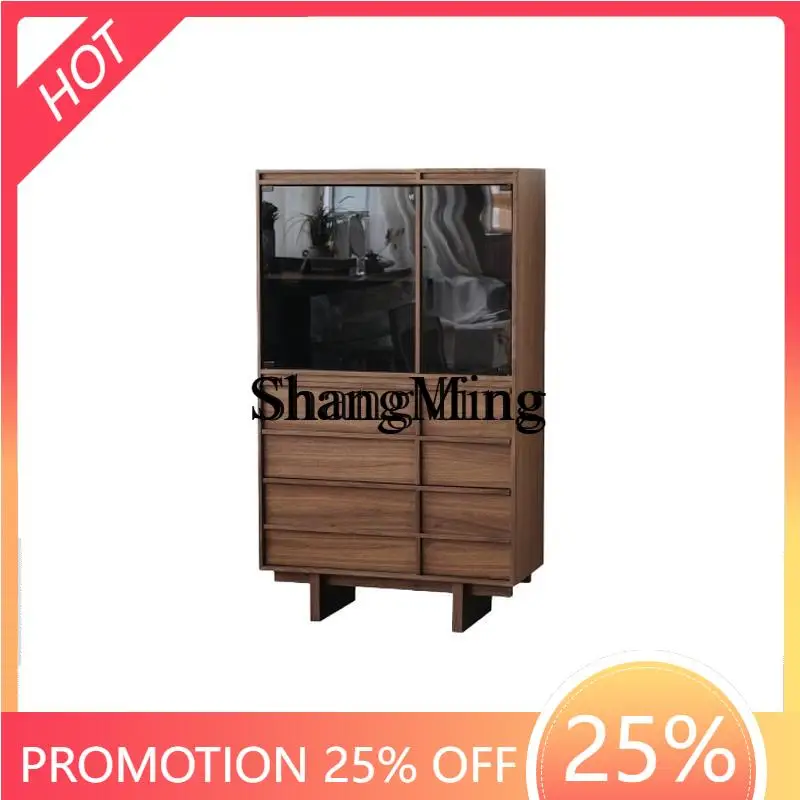 

CL medieval wabi-sabi wind black walnut glass storage high cabinet living room integrated wall side display cabinet