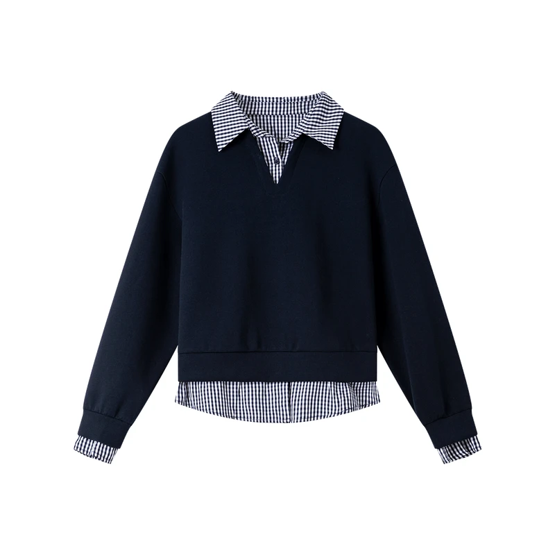 VIMLY Adrette Gefälschte Zwei-Stück Sweatshirt Frauen 2025, Herbst Pendeln Pullover Mode Drehen-unten Kragen frauen Kleidung a2068