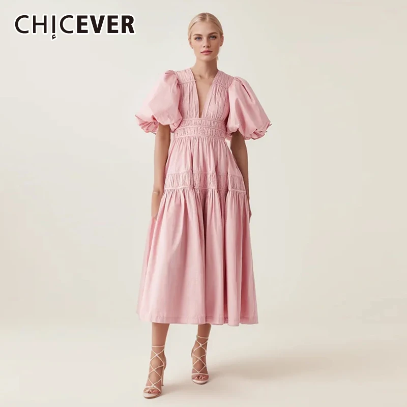 

CHICEVER Minimalist Spliced Folds Dress For Women V Neck Puff Sleeve High Waist Elegant Solid Midi Dresses Female Summer Clothes