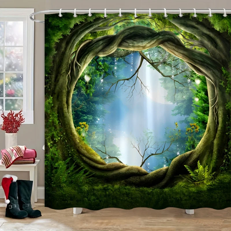 Enchanted Forest Landscape Circular Portal Design Shower Curtain with Roots and Greenery, Nature Scenery Woven Polyester Bath Di