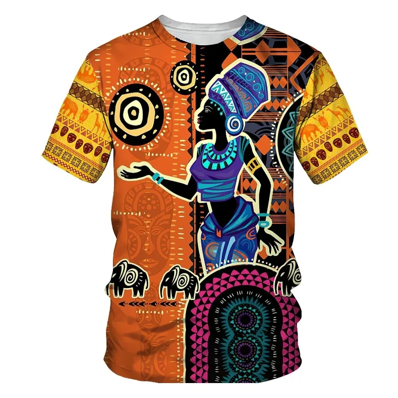 Camiseta de manga curta com padrão de dança africana masculina, tendência retrô, moda lazer diário, estilo esportivo, tops soltos com gola redonda confortáveis