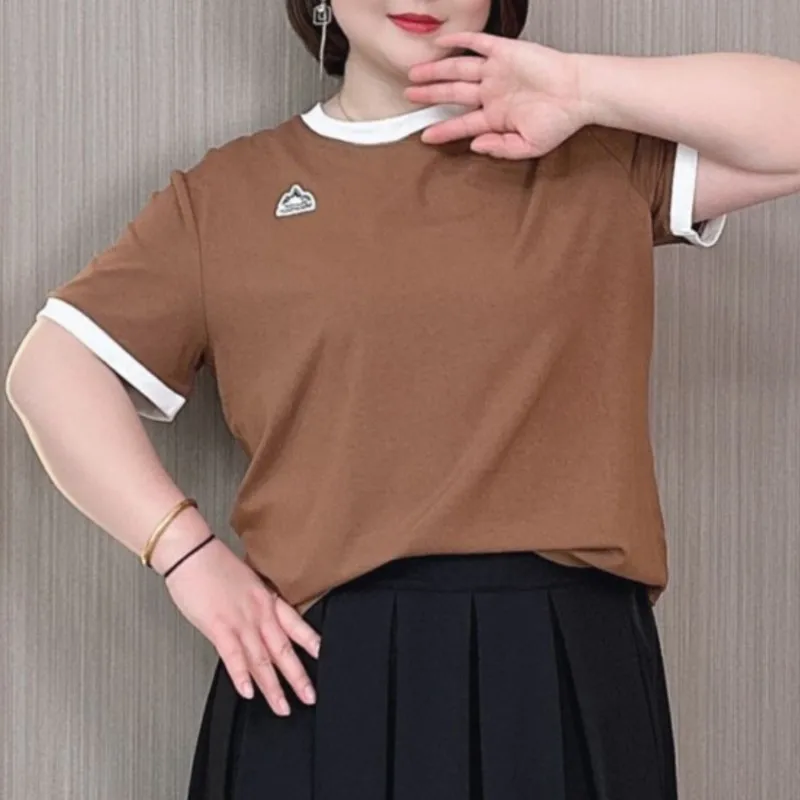 女性用半袖コットンTシャツ,ルーズフィット,カラーブロック,ラージサイズ,新品,夏,2024