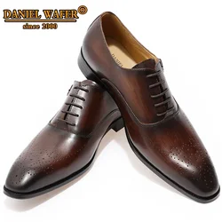 Classic Men's Genuine Leather Oxford Shoes Buckle Lace-Up Office Dress Wedding Brogue Pointed Toe Business Formal Shoes