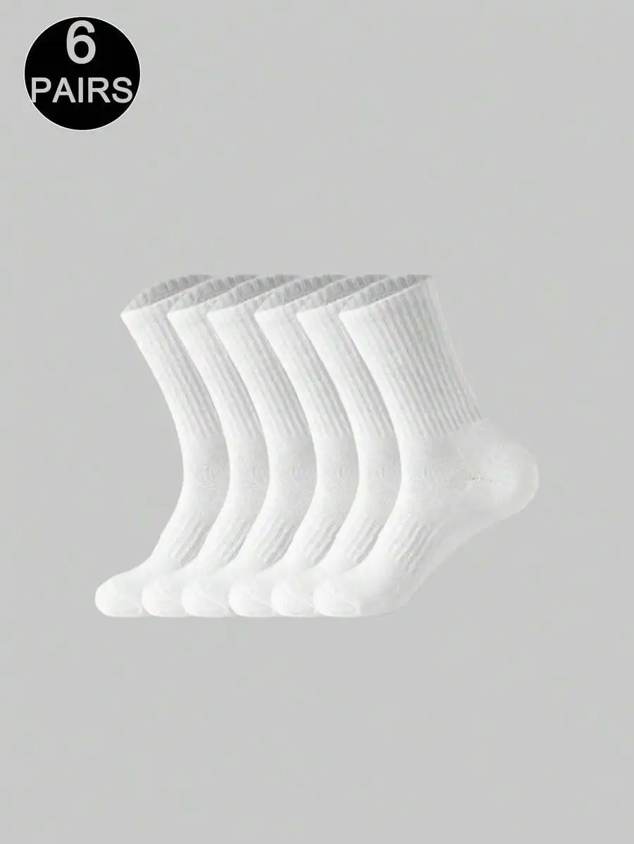 

6 Pairs White Thick Mens Mid-Calf Socks Casual Sports Winter Socks