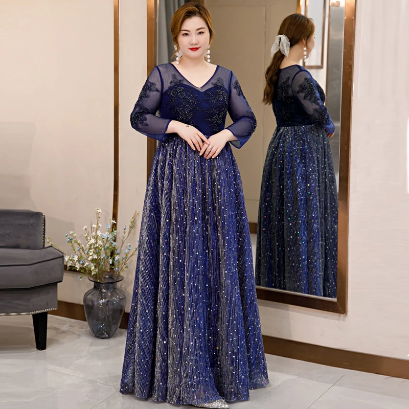 Sequins A-Line Evening Dress Lace Up V-Neck Embroidery Full Sleeves Elegant Floor-Length New Plus Size Women Formal Gowns D855