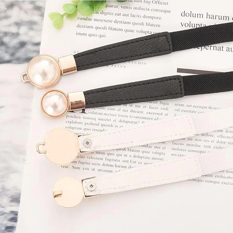 Pearl Buckle Belt PU Leather Dress Skirt Waist Elastic Thin Women Belts Ladies Waistband Accessories