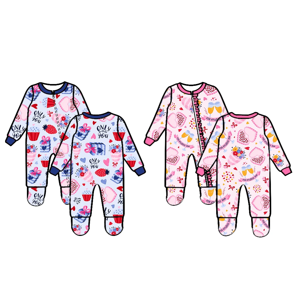 New Hot Selling Baby Clothing Valentine's Day Boutique Children's Set Long Sleeve Zipper Love Print Jumpsuit Girls Boys Clothes
