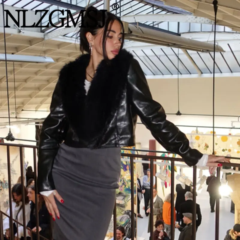 Nlzgsmj 2026 Autumn  Women Faux Leather Jacket With Furry Collar Winter Warm Long Sleeve Short Fashion Streetwear Coat