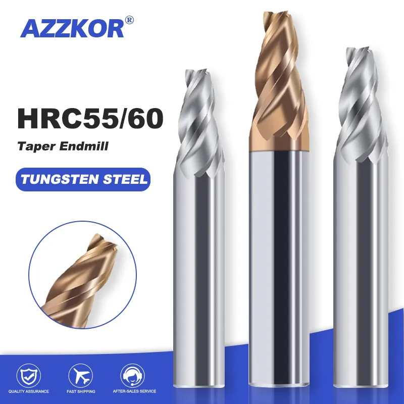 Azzkor Tungstênio Aço Carbide Taper End Mill Slope Fresador 3-flute Taper Ferramentas de Usinagem Cnc Hrc55 60