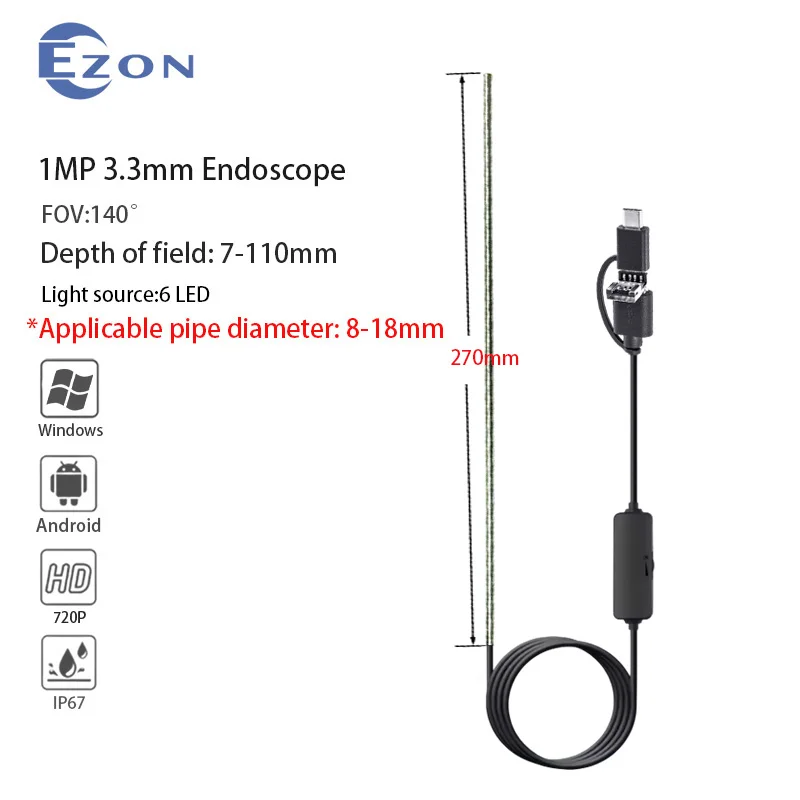 1MP 3.3mm 140° Wide-Angle Industrial Endoscope Camera, Suitable for Precision Instrument Inspection, 3-In-1 Soft Wire Endoscope.