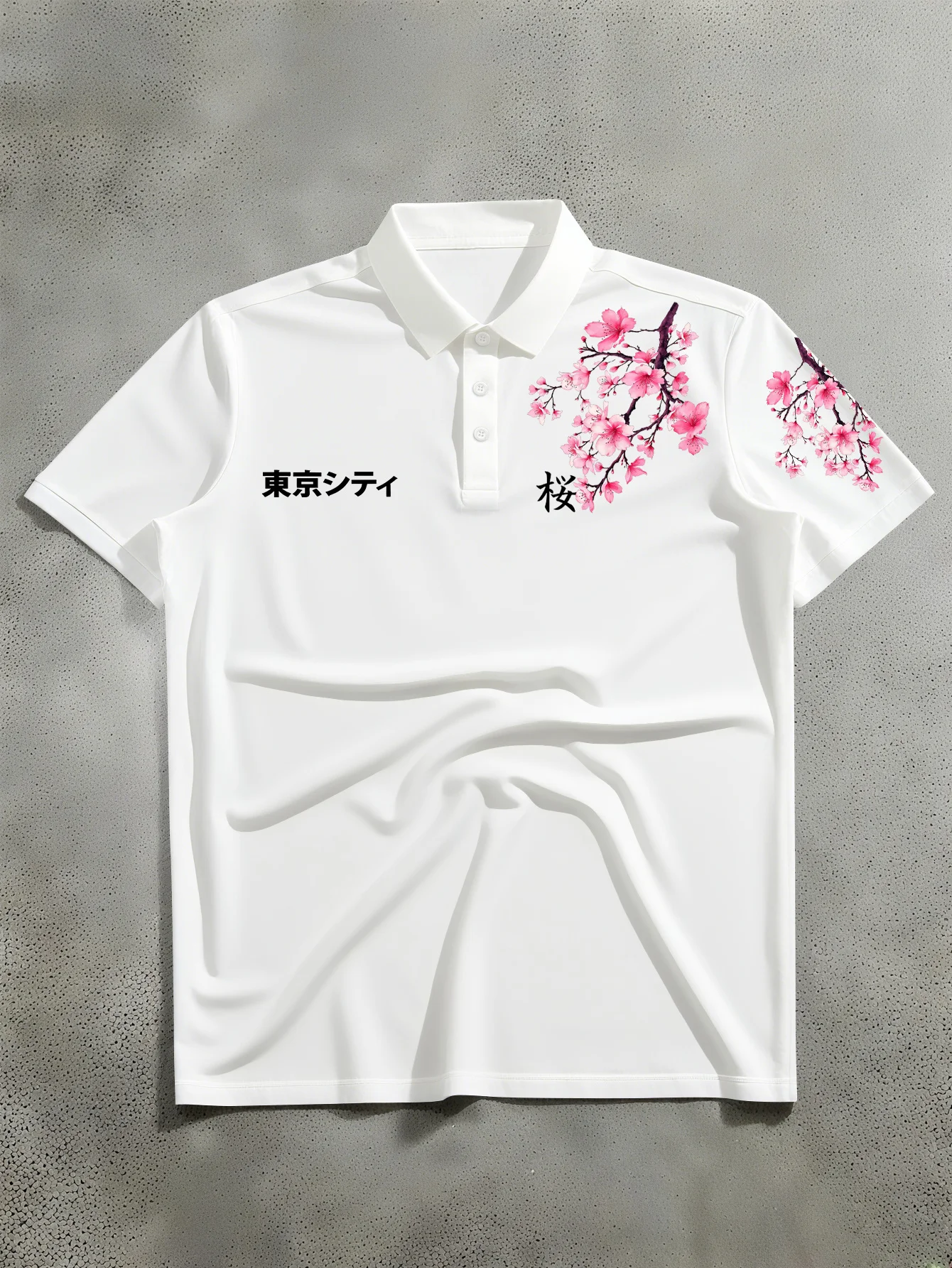 New Men's Short Sleeved Polo Lining, American Retro Style, Cherry Blossom Floral Printed Polo Shirt