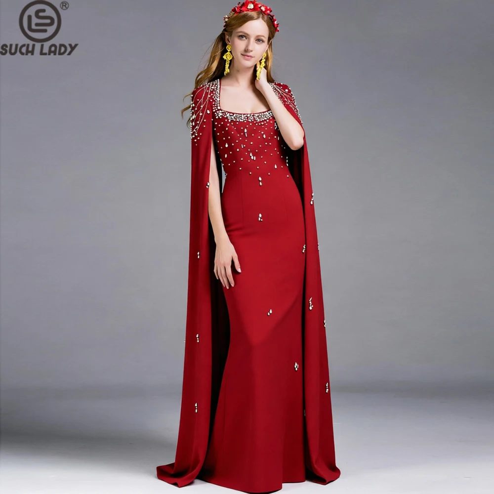 

Women's Beaded Crystal Embellished Shawl Sleeve Maxi Evening Gown, Elegant Square Neck Formal Dress with Hanging Chain Detail