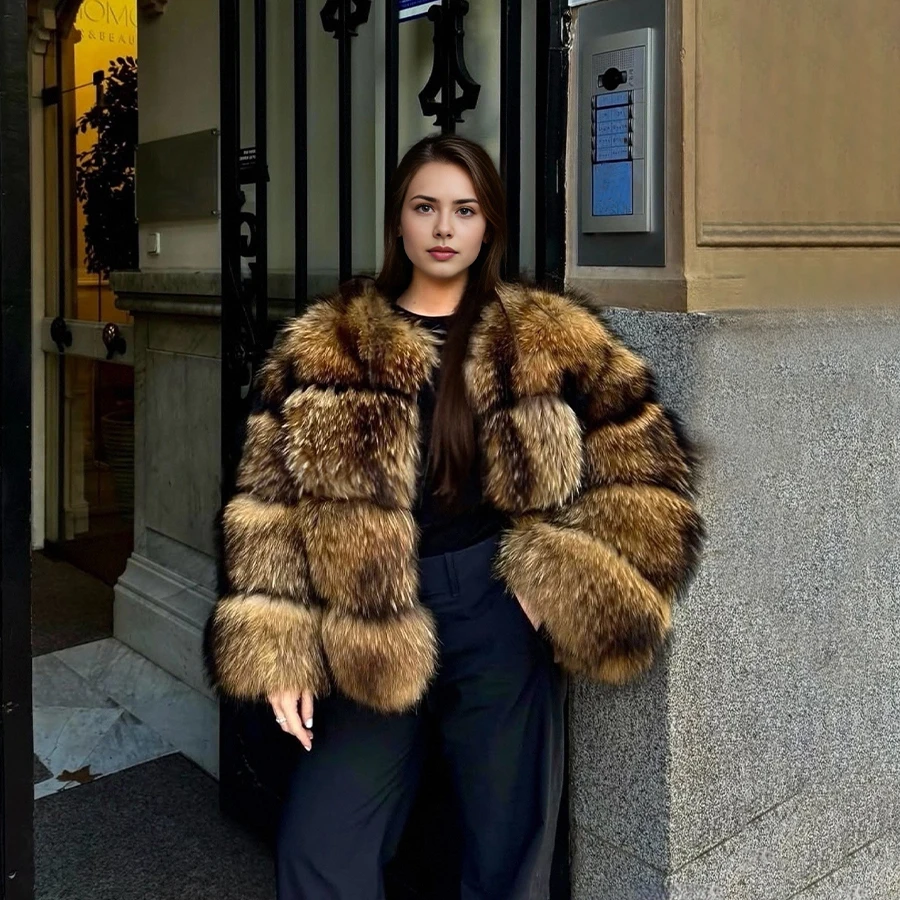 

Short Natural Raccoon Fur Coat For Women Cropped Raccoon Fur Jacket Genuine Leather Jackets New Style Backless Real Fur Coat