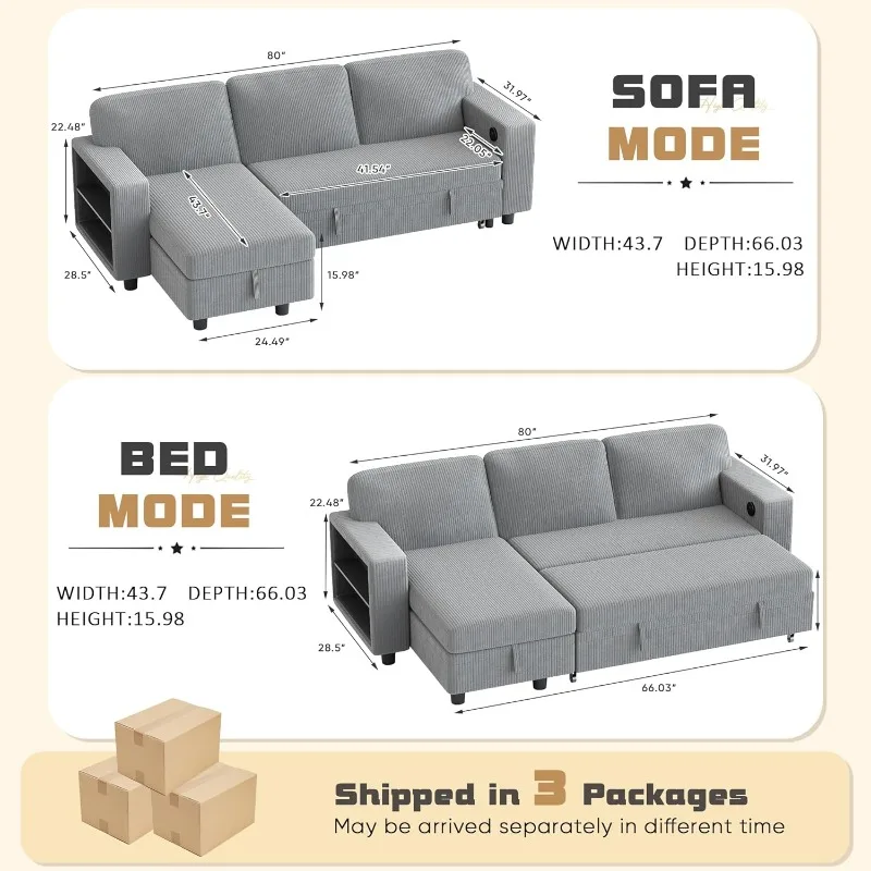 80″ Sleeper Sofa Couch  , USB Charging Ports & 2 Built-in Bookshelves 3-Seat Sectional couches for Living Room (Corduroy, Grey)