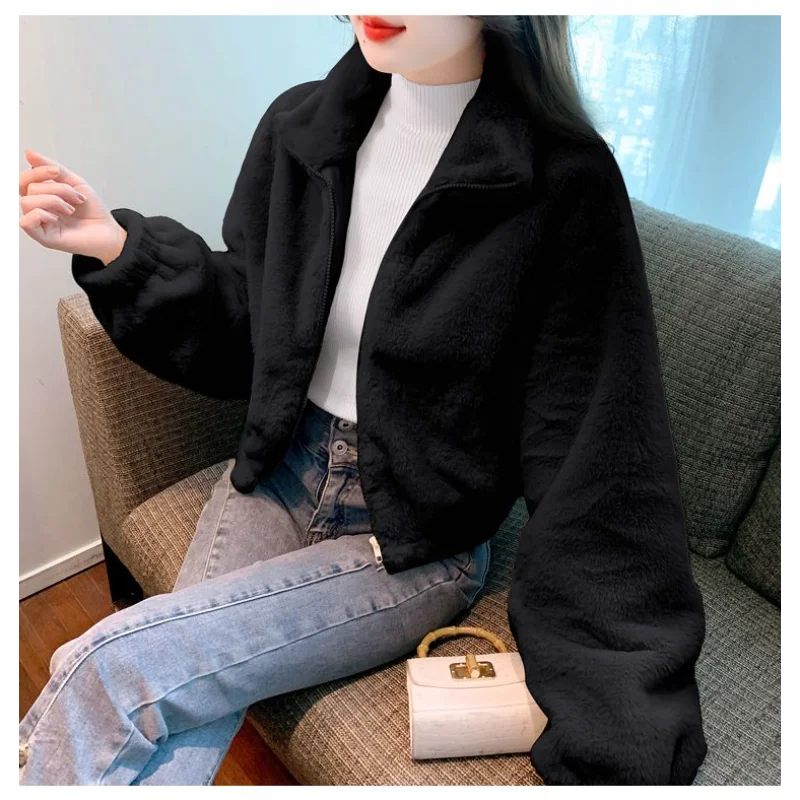 

Women's Autumn and Winter Loose Warm Plush Tops Fashionable Versatile Short Long Sleeve Jackets