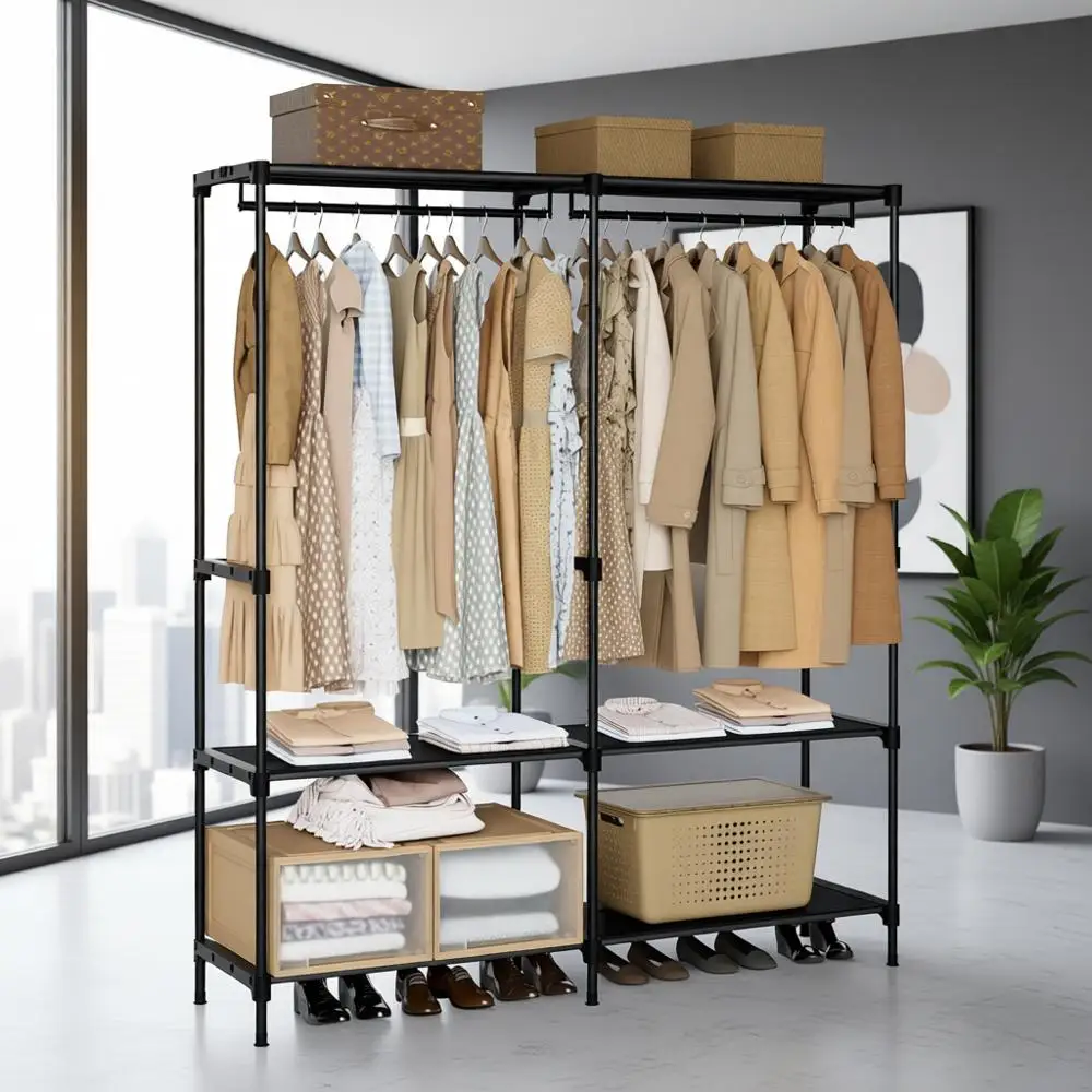 

54,3-дюймовая портативная вешалка для одежды большой емкости с полками и 2 подвесными стержнями, органайзер для гардероба простого сборки, черный