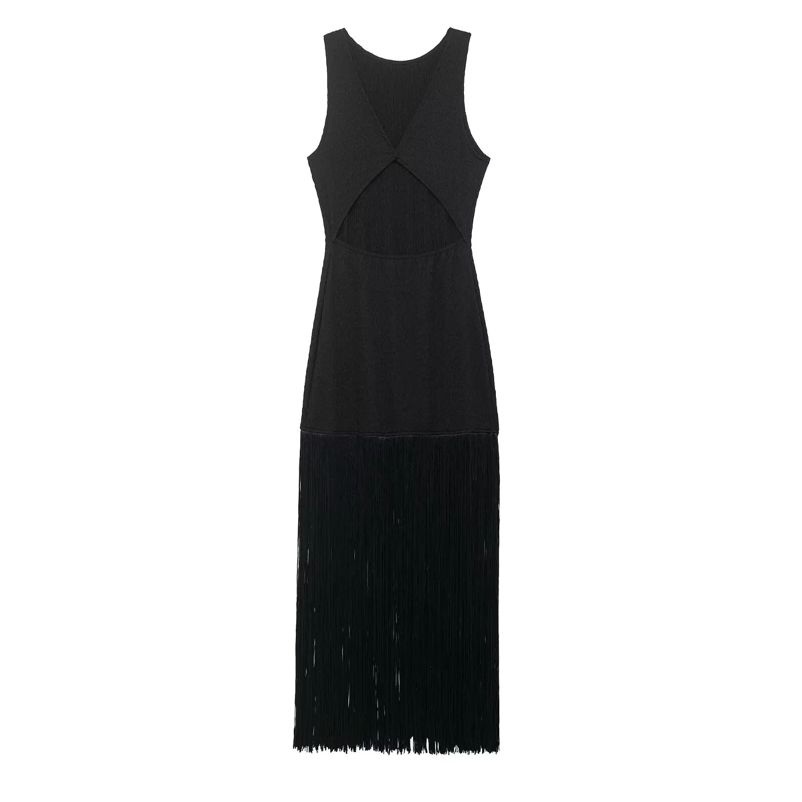 Zevity 2026 Women Sexy Hem Tassel Stitching Knitting Slim Midi Dress Female Chic Backless Hollow Out Club Party Vestidos DS9520 view 4