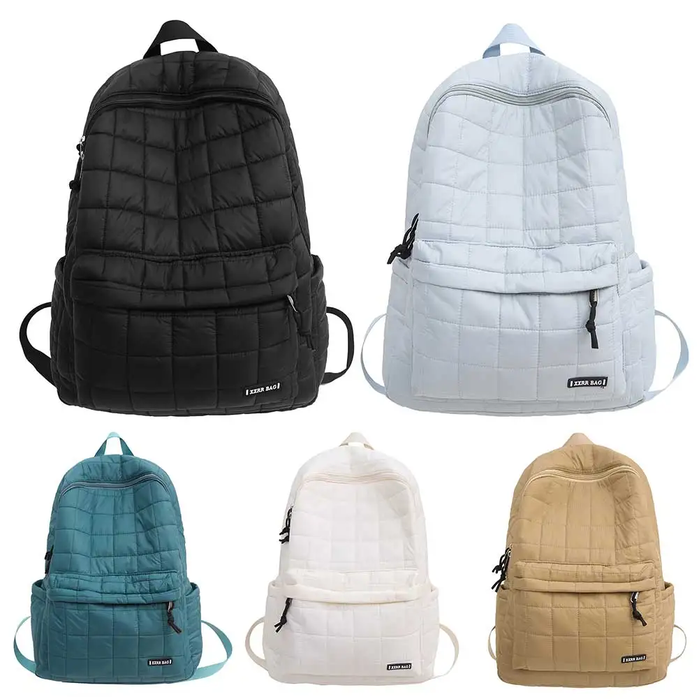 Fashion Quilted Backpack Soft Padded Backpack Multi-pockets Teenagers School Bag Adjustable Strap Solid Color Outdoor Travel Bag