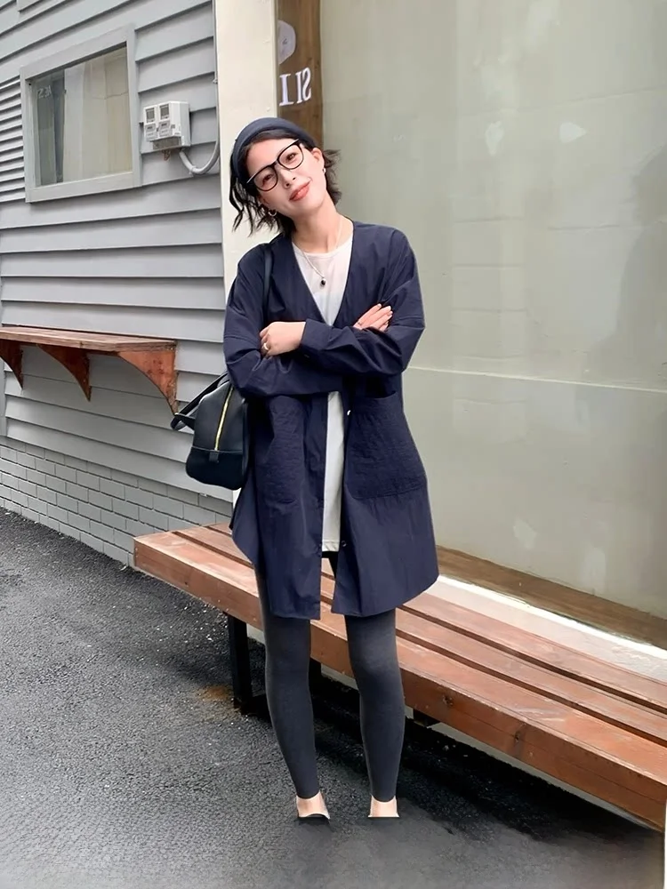 

Loose Fit Long Sleeve Women's Jacket Baby Blue Single Button Mid-Length Shirt Artistic Style Cotton Blend V-Neck Autumn Wear