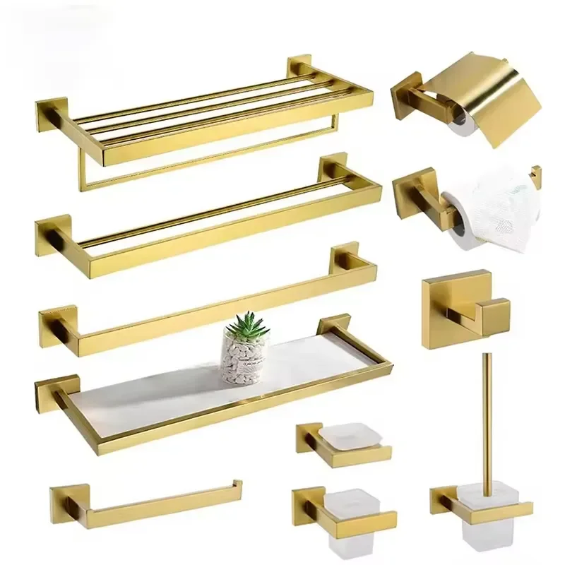 Full High Quality Gold Bathroom Sets Towel Bar and Wall Mounted Storage Rack Tumbler Holder