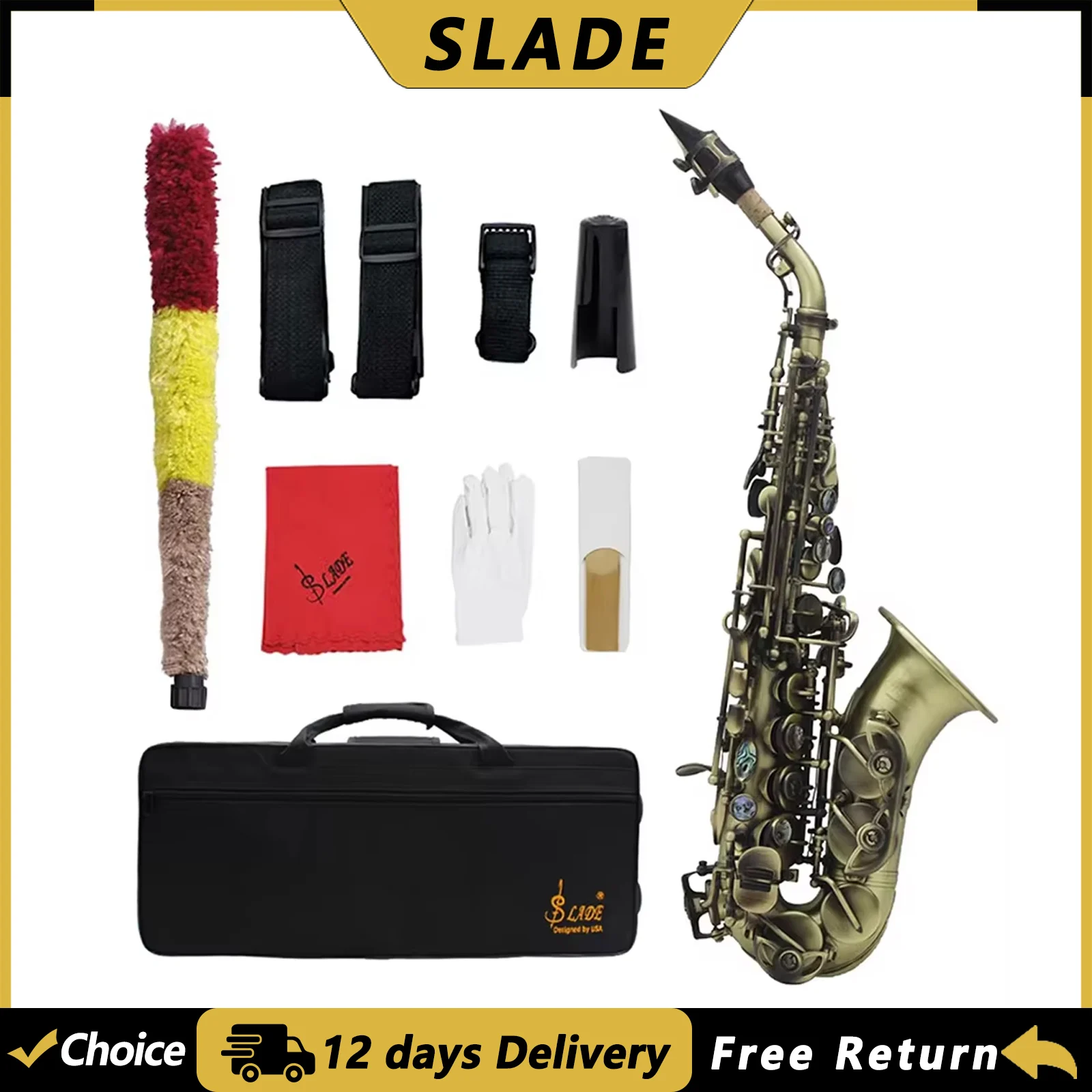 SLADE S93 Soprano Saxophone Brass Body Sax Cyan Antique Bb Saxofone with Case Reeds Gloves Parts Accessories Woodwind Instrument