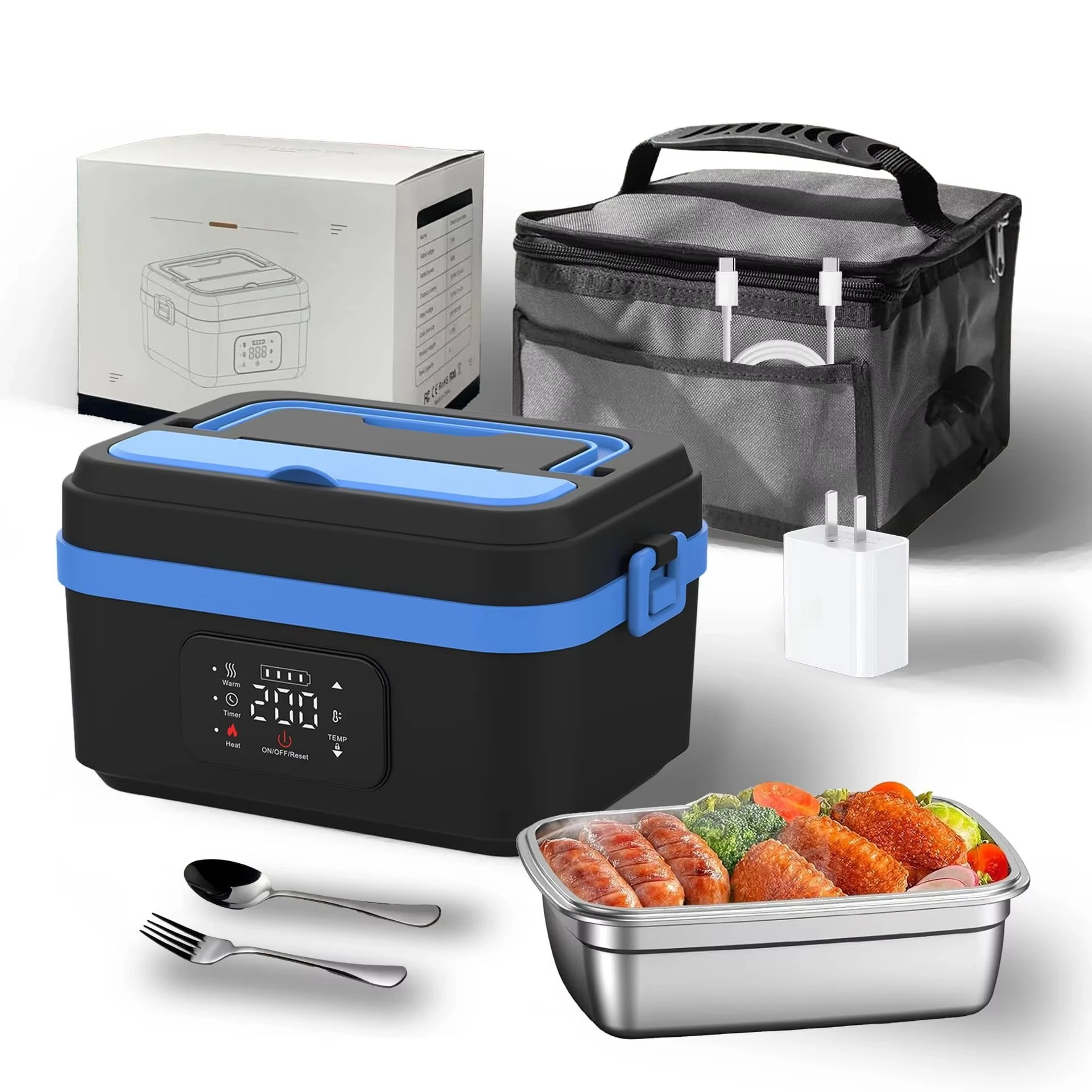 Stainless steel leak-proof adult portable charging cordless electric heating food warmer lunch box with bag tableware