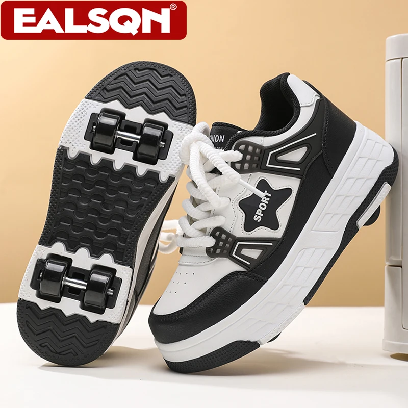 Kids Roller Skate Shoes Four Wheels Detachable Outdoor Sports Shoes Lace Up Casual Walking Sneakers for Teenagers Boys Girls