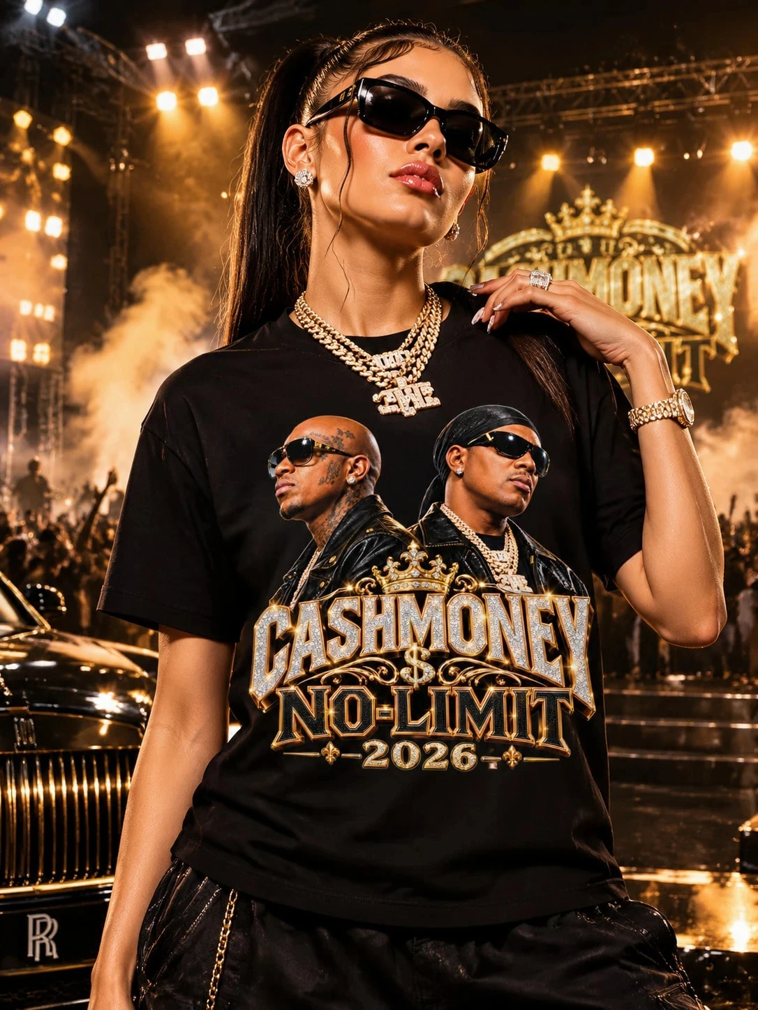 Vintage Cash Money No Limit T Shirt Classic Southern Rap Duo Portrait Luxury Glitter Crown Design Hip Hop T-Shirt for Men Women