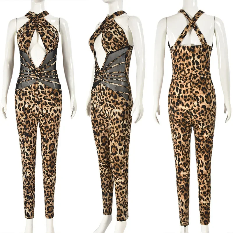 Leopardo impresso bandagem cortar bodycon macacão feminino malha retalhos sem costas macacão sexy night club outfit uma peça macacão