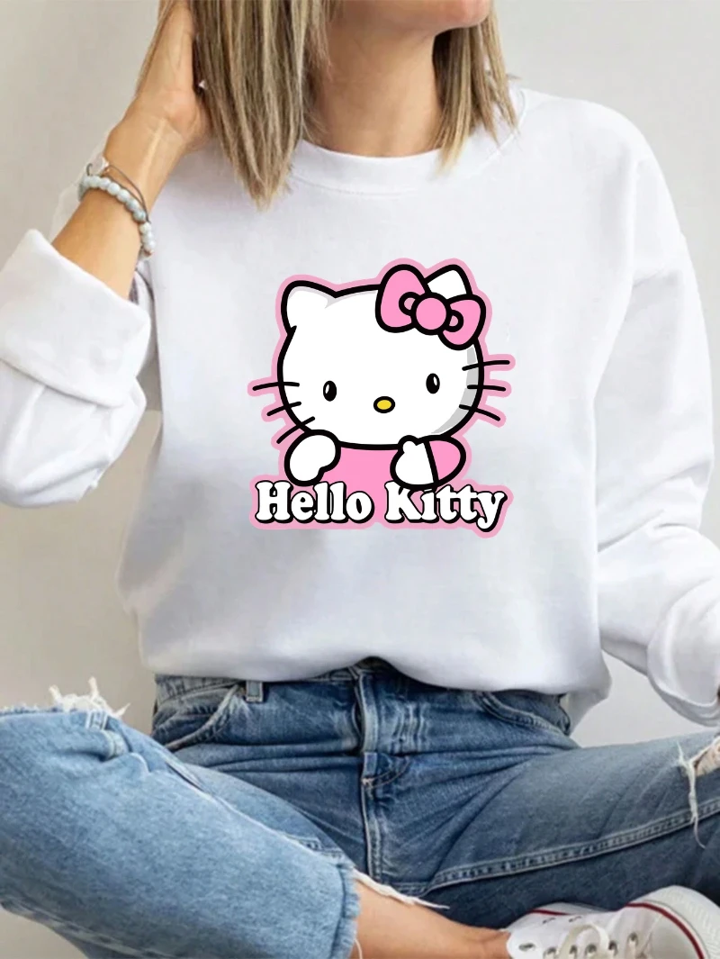 여성용 헬로 키티 그래픽 긴 소매 크루넥 스웨트셔츠 - 아이코닉한 디자인의 소프트 핑크 캐주얼 풀오버