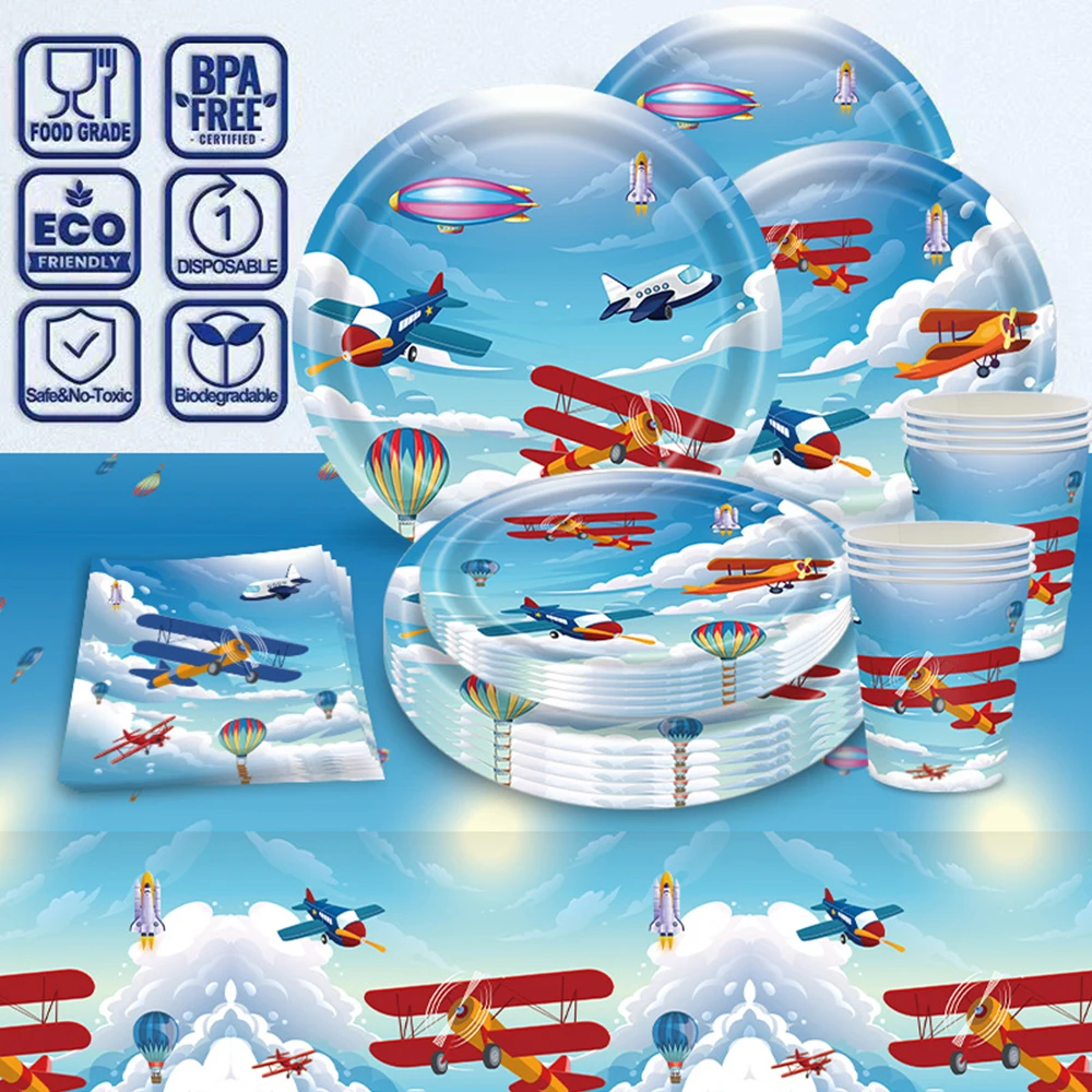 Flugzeug Party Dekoration Geschirr Teller Servietten Tassen Folien Ballon Kinder Flieger Flugzeug Geburtstag Dekor Jungen Baby Dusche Liefert – Detail 2