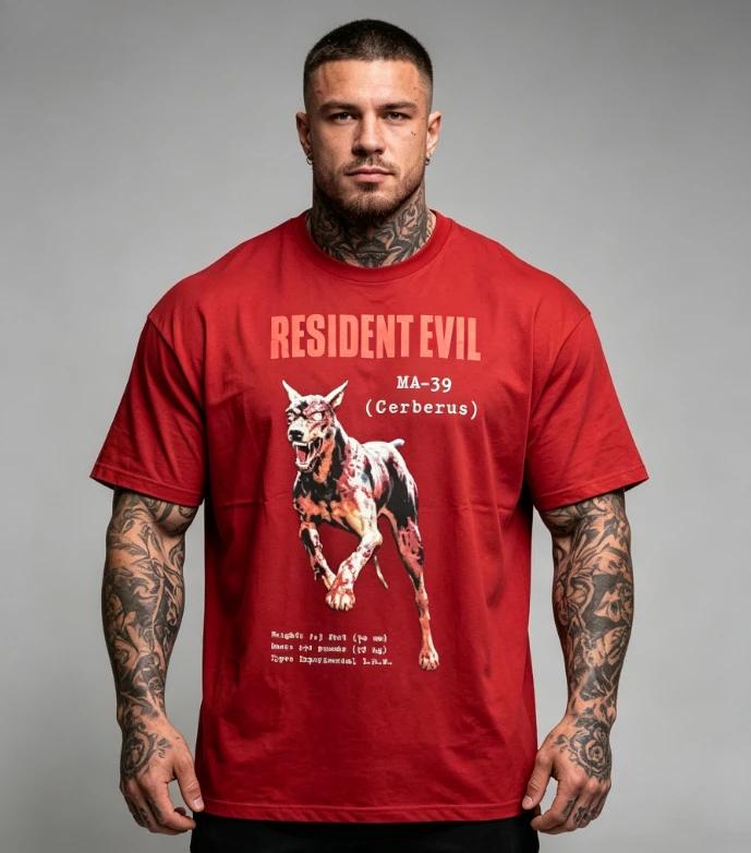 2026 new A black oversized cotton T-shirt with an eyecatching design featuring an angry Doberman puppy portrait and text pattern