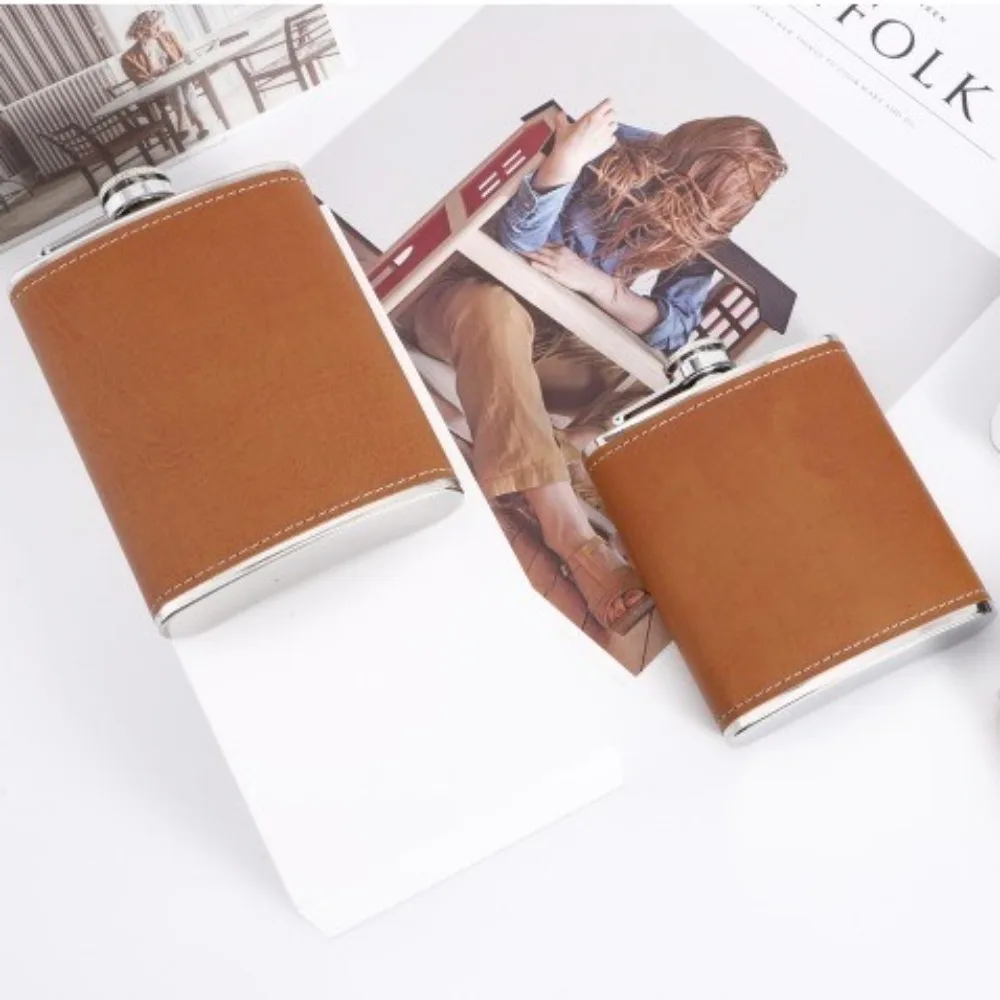 درينكوير الفولاذ المقاوم للصدأ قارورة الورك الجلود التفاف 6/7/8 أوقية قارورة الخمور مانعة للتسرب زجاجة شرب للنبيذ الكحول