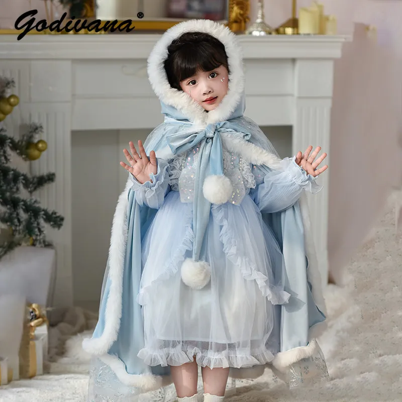Original Authentic Baby Girls High End Elegant Cape Cloak Kids Spring Thickened Mesh Sequin Hooded Windproof Outerwear Cape