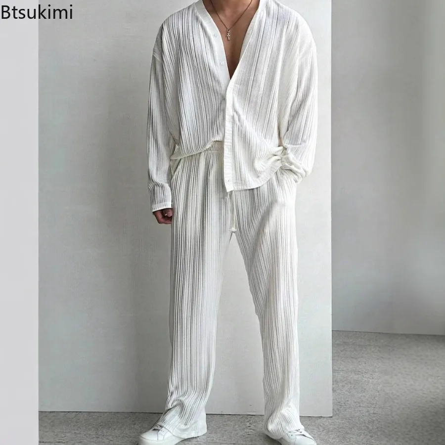 Fashion Long Sleeve Shirts Men's Two Piece Sets Solid Sexy Deep V Cardigan Trousers Outfit Casual Streetwear 2026 Men's Clothing